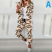 OL Style Long Sleeve Printed Blazer Coat + Pants Two-piece Set