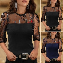Sexy Gauze Embroidered Spliced Long Sleeve Round Neck T-shirt