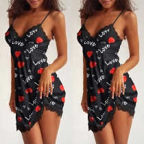 Sexy Backless V-neck Lace Spliced Heart Printed Sling Nightwear Dress