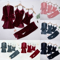 Sexy Backless V-neck Lace Spliced Solid Color Pleuche Nightwear Four-piece Set