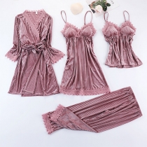 Sexig rygglös V-ringad spetsdetaljerad enfärgad velour nattkläder fyrdelat set