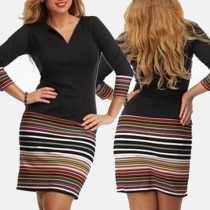 Sexy V-neck Long Sleeve Striped Spliced Slim Fit Dress