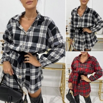 OL Style Long Sleeve POLO Collar Single-breasted Plaid Shirt Dress