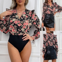 Sexy V-neck Long Sleeve Printed Spliced Bodysuit