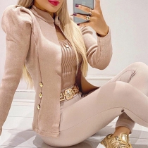 OL Style Puff Sleeve Stand Collar Double-breasted Coat + Pants Two-piece Set