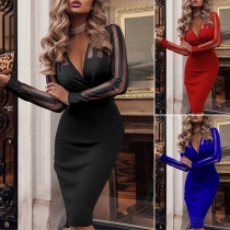 Sexy Deep V-neck Gauze Spliced Long Sleeve High Waist Slim Fit Dress