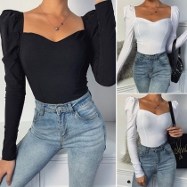 Sexy Square Collar Puff Sleeve Solid Color Slim Fit T-shirt