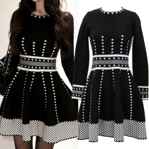 Fashion Long Sleeve Round Neck High Waist Contrast Color Printed Knitted Fabric