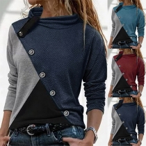 Fashion Contrast Color Long Sleeve Oblique-button Cowl Neck Top