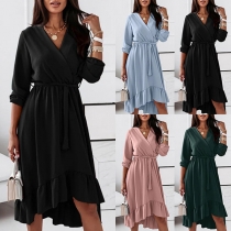 Sweet Style Long Sleeve V-neck Ruffle Hem Solid Color Dress