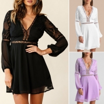 Sexy Backless V-neck V-neck Lace Spliced Embroidery Dress