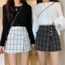 Fashion Plaid Skirt with High Waist and Irregular Front Button Closure