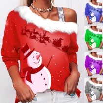 Sexig off-shoulder konstpäls snögubbemönstrad slingtop