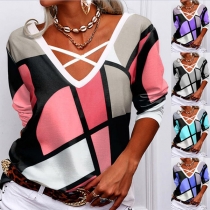 Fashion Corssover V-neck Long Sleeve Contrast Color T-shirt