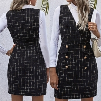 Fashion Sleeveless V-neck Double-breasted Slim Fit Duffle Dress
