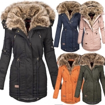 Fashion Faux Fur Spliced Hooded Plush Lining Drawstring Waist Padded Coat