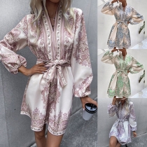 Sexy V-neck Long Sleeve Tie-belt Printed Dress
