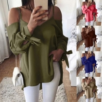Sexy Off-shoulder Long Sleeve Lace-up Cuff Solid Color Sling Loose Top