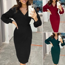 Elegant Solid Color Long Sleeve V-neck Tie-belt Slim Fit Dress