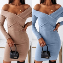 Sexy Off-shoulder Crossover Boat Neck Long Sleeve Solid Color Slim Fit Dress