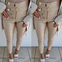 Fashion Solid Color High Waist Front-button Slim Fit Pants