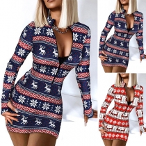 Fashion Long Sleeve Stand Collar Snowflake Elk Printed Tight Dress