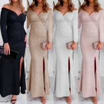 Sexy Off-shoulder V-neck Slit Hem High Waist Slim Fit Party Dress