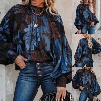 Retro Style Lantern Sleeve Mock Neck Printed Loose Top