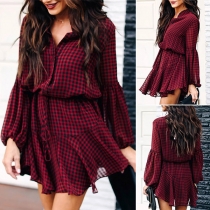 Fashion Lantern Sleeve Stand Collar Ruffle Hem Plaid Dress