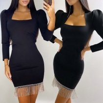 Sexy Square Collar Tassel Hem Long Sleeve Slim Fit Dress