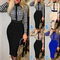 OL Style Long Sleeve POLO Collar High Waist Slim Fit Printed Dress with Waistband