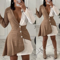 OL Style Plaid Spliced Long Sleeve Notched Lapel Slim Fit Suit Dress