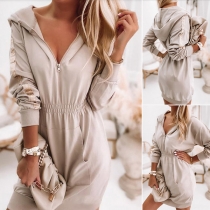 Fashion Solid Color Long Sleeve Elastic Waist Hooded Sweatshirt Dress