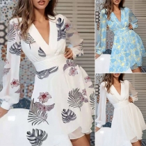 Sexy V-neck Lantern Sleeve High Waist Slim Fit Dress