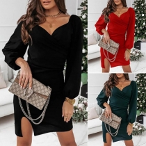 Sexy Backless V-neck Slit Hem Long Sleeve Solid Color Slim Fit Dress