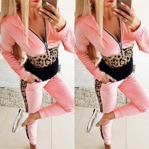 Fashion Leopard Spliced Long Sleeve Hooded Sweatshirt + Pants Two-piece Set