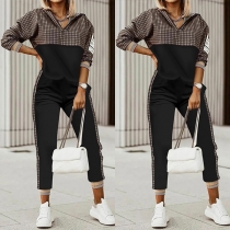 Fashion Plaid Spliced Long Sleeve Hooded Sweatshirt + Pants Sports Suit