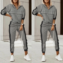 Fashion Contrast Color Plaid Long Sleeve Hooded Sweatshirt + Pants Two-piece Set