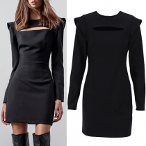 Sexig svart klänning med ihåliga detaljer, långärmad och rundad hals - Slim Fit