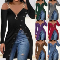Sexig off-shoulder långärmad dragkedja V-ringad slitsfåll Sling Top
