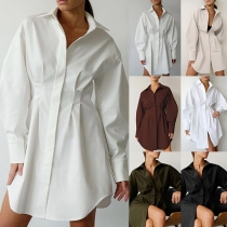 OL Style Long Sleeve POLO Collar High Waist Arc Hem Shirt Dress