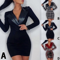 Sexy PU Leather Spliced Lapel Long Sleeve High Waist Slim Fit Printed Dress