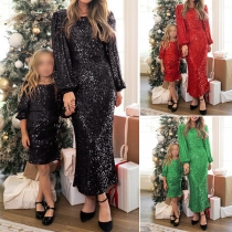 Sexy Lantern Sleeve Round Neck Slim Fit Sequin Parent-child Party Dress