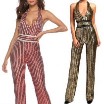 Sexy Deep V-neck Sleeveless High Waist Sequin Jumpsuit