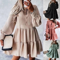Fashion Lantern Sleeve Round Neck Ruffle Hem Solid Color Dress