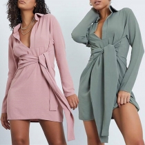 Fashion Solid Color Long Sleeve POLO Collar Lace-up Slim Fit Dress