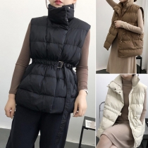 Fashion Solid Color Sleeveless Stand Collar Gathered Waist Vest