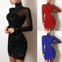 Sexy Gauze Spliced Long Sleeve High Collar Slim Fit Glitter Party Dress