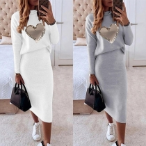 Fashion Heart Pattern Long Sleeve Cowl Neck Top + High Waist Skirt Two-piece Set