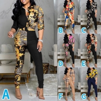 Fashion 3/4 Sleeve POLO Collar Printed Shirt + High Waist Pants Two-piece Set